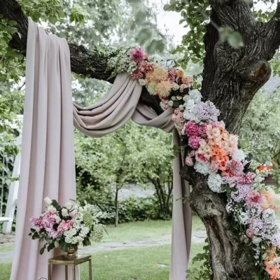Ceremonia de nuntă în aer liber, idei de decorare elegantă cu un copac bătrân.
